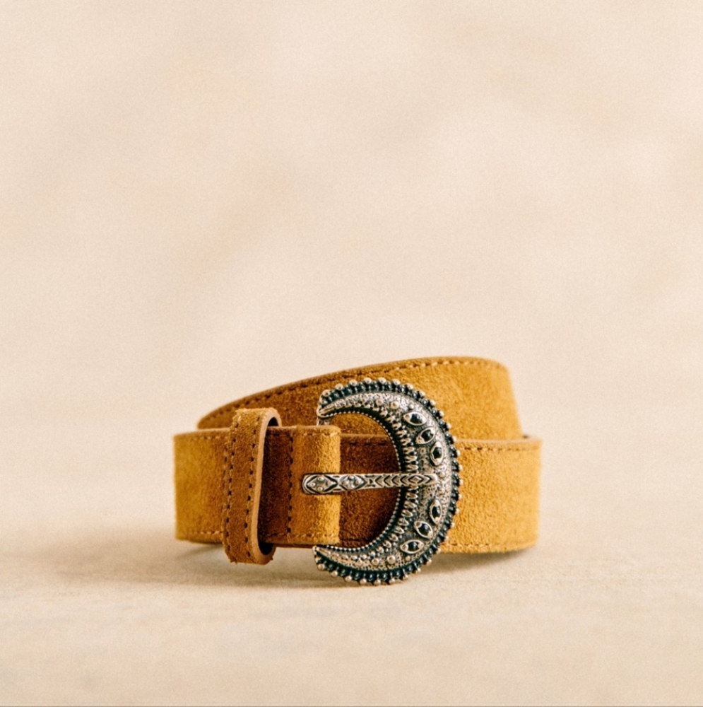 Sezane Fine Louve Tabac Belt with Silver Buckle Sz 95